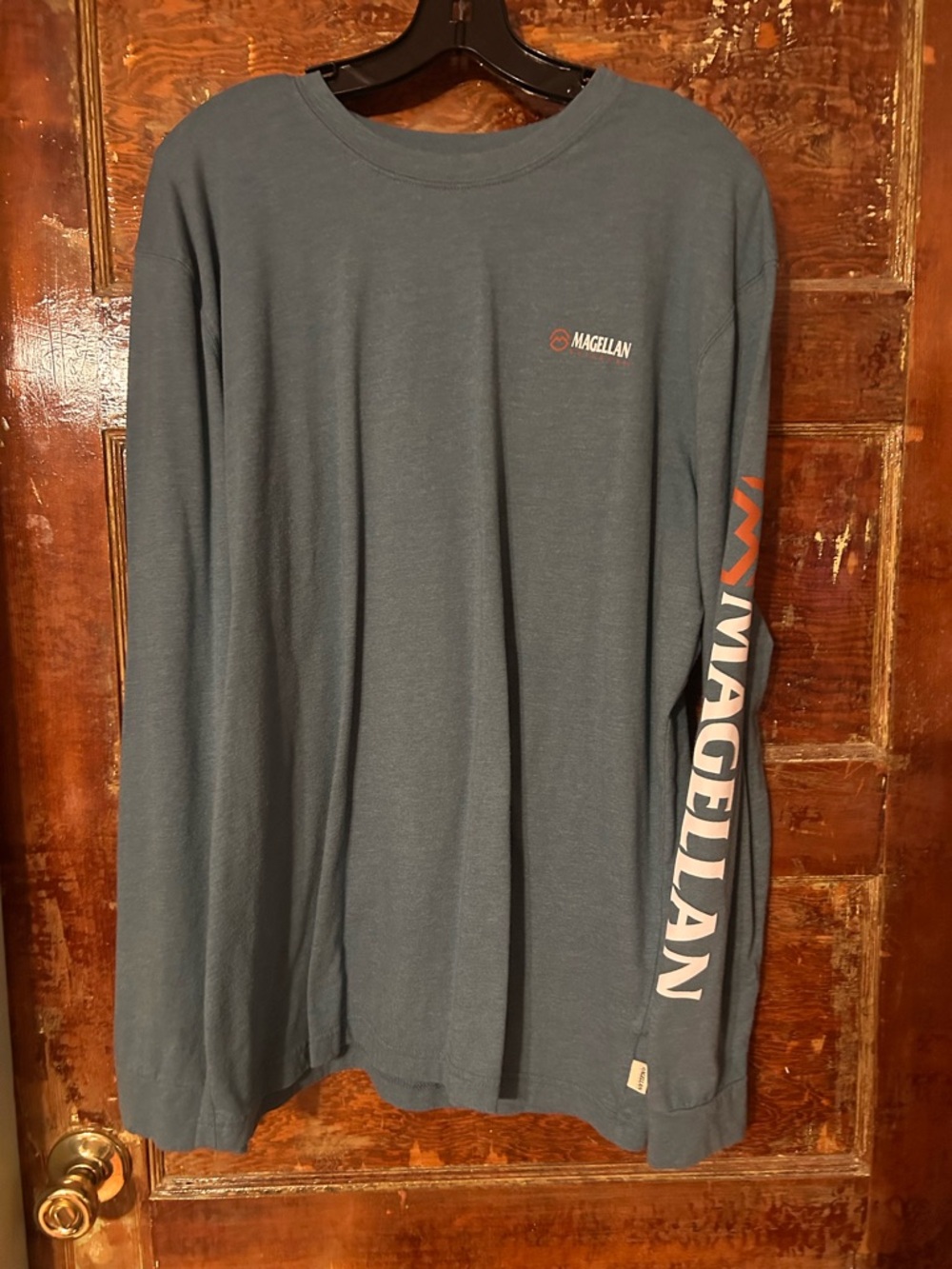 Magellan Outdoors Long-Sleeve Logo Tee in Slate Blue with Coral Accent